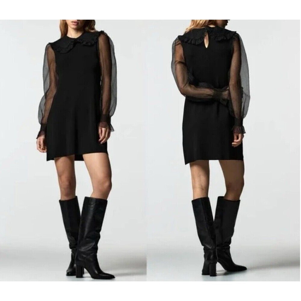 Rare Zara‎ Peter Pan Collar Black Organza dress Bloggers mini women  Size M